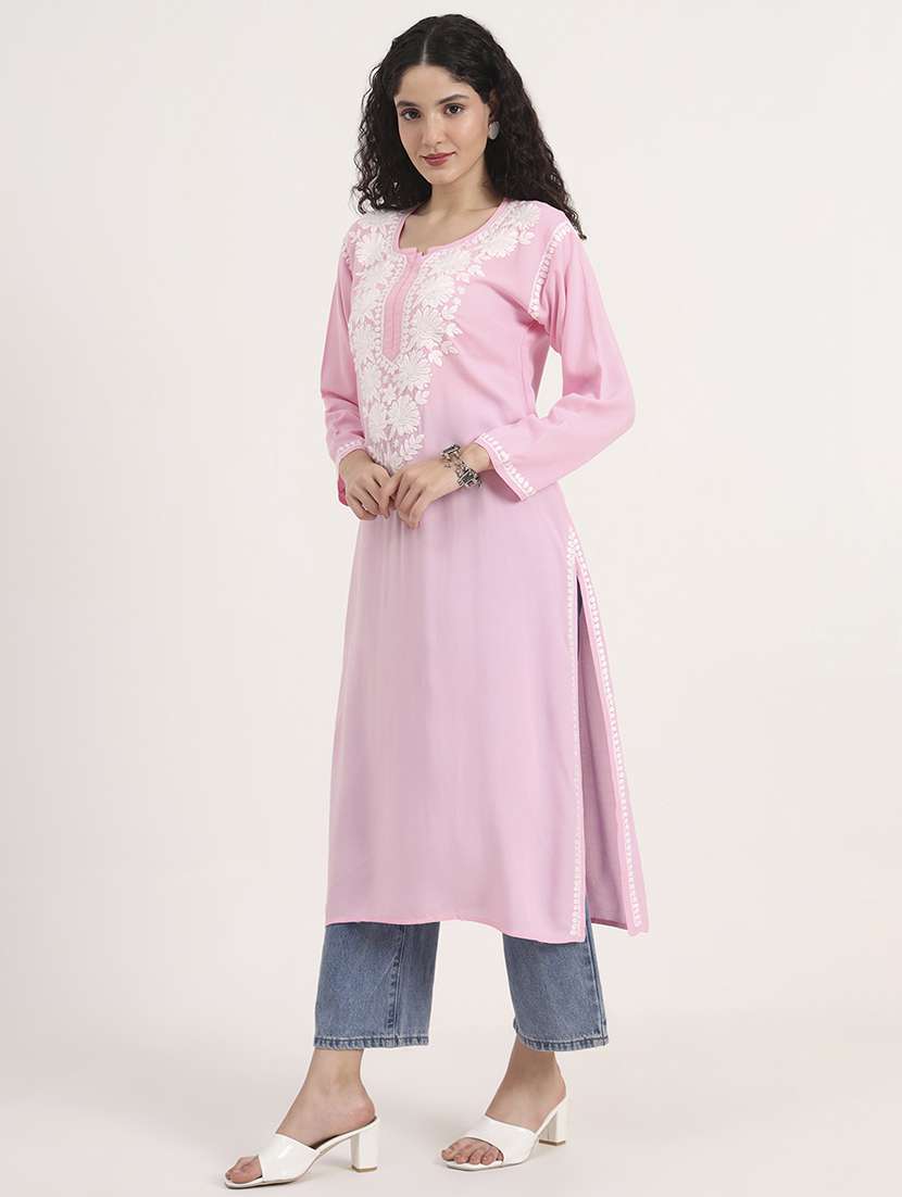 women solid with work long sleeve straight chikankari kurta - 21998107 - Standard Image - 3