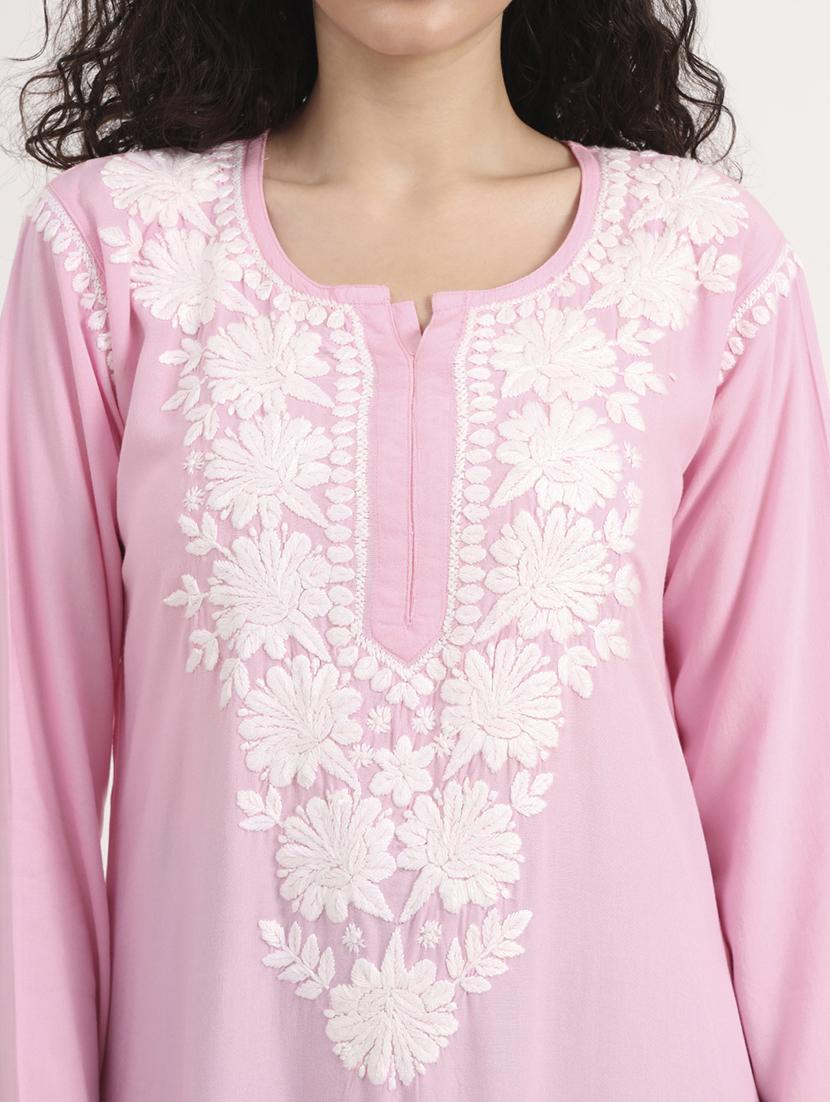 women solid with work long sleeve straight chikankari kurta - 21998107 - Standard Image - 5