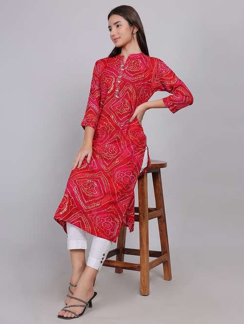 women bandhani printed three quarter sleeve straight kurta - 21998109 -  Standard Image - 0