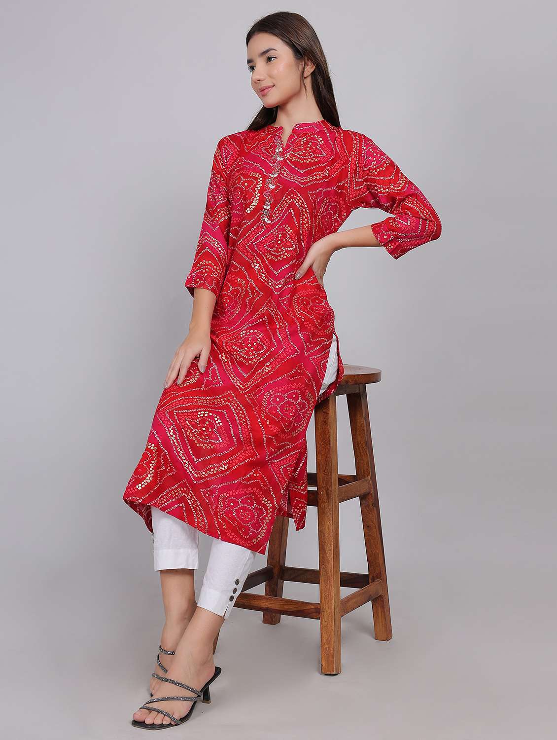 women bandhani printed three quarter sleeve straight kurta - 21998109 -  Zoom Image - 0