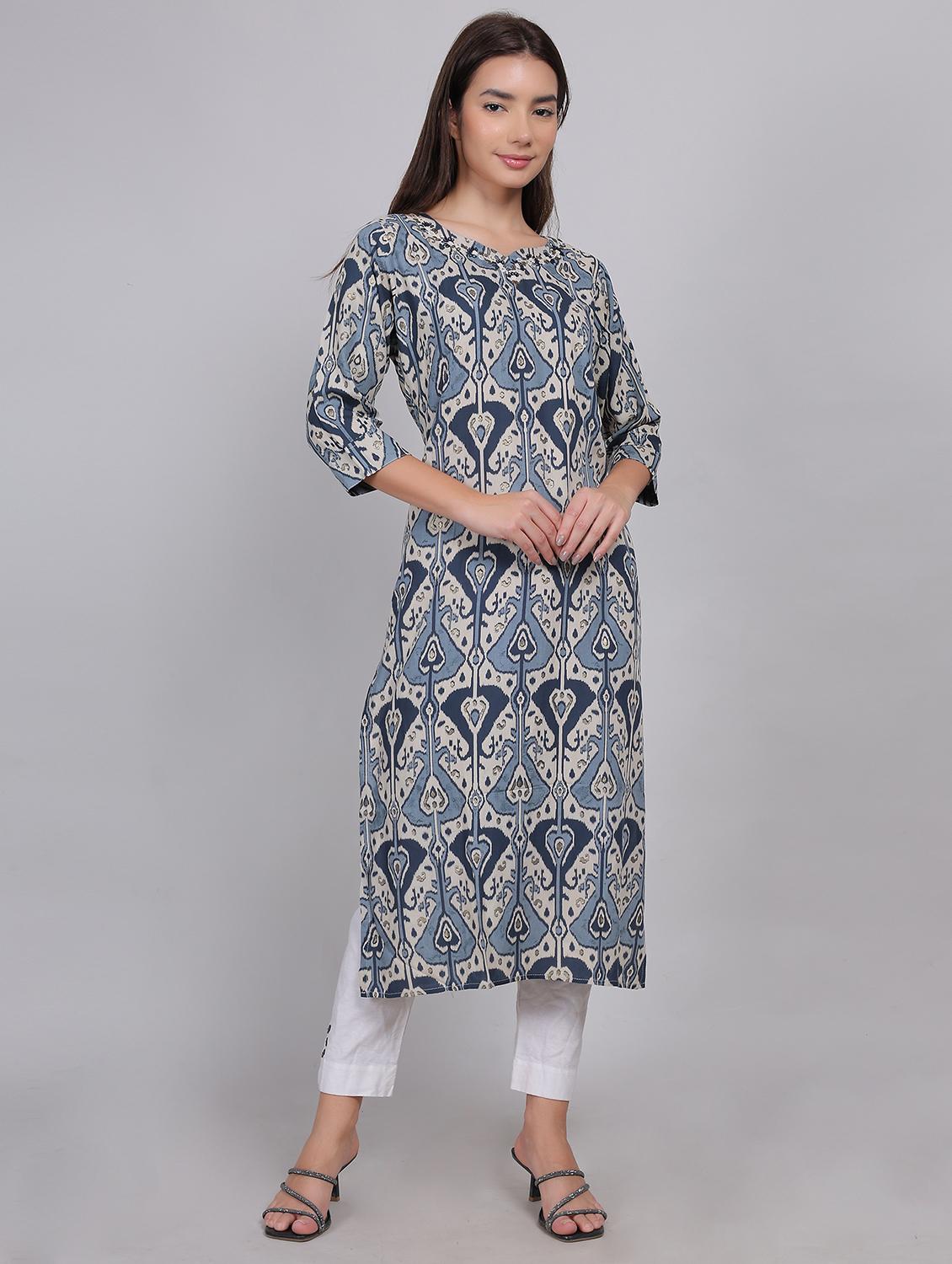 women printed three quarter sleeve straight kurta - 21998113 - Standard Image - 3