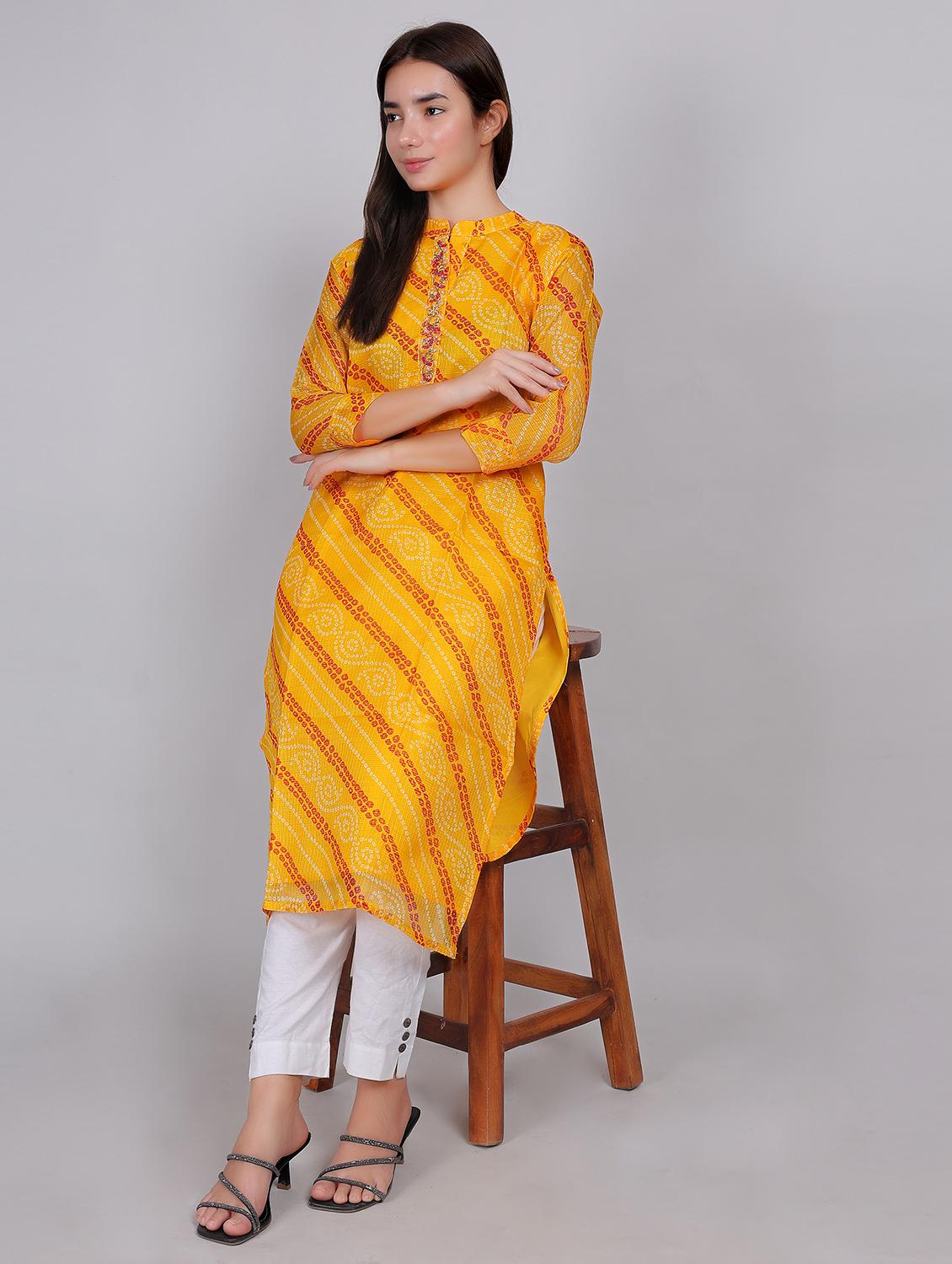 women bandhani printed three quarter sleeve straight kurta
