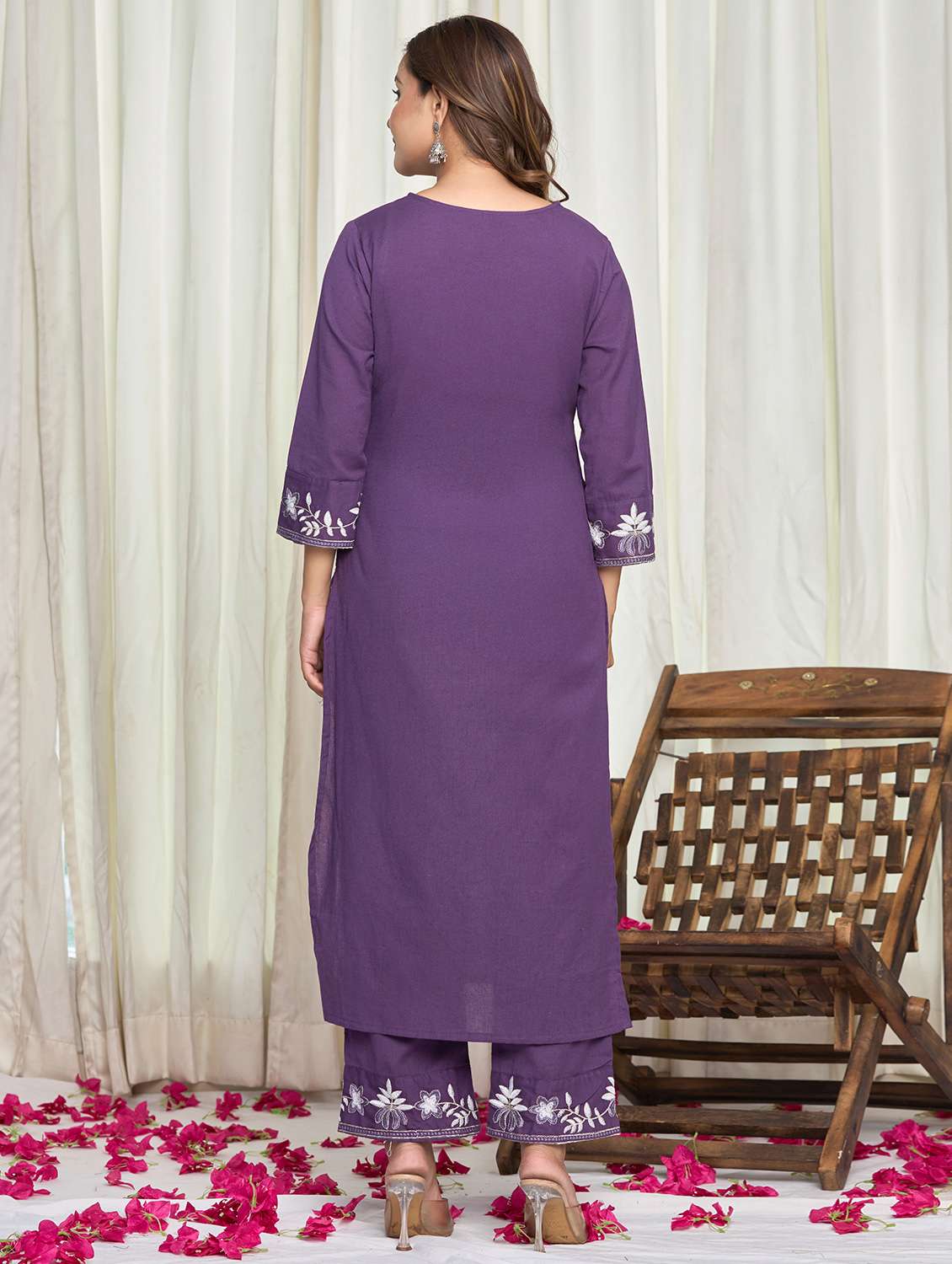 women solid with work three quarter sleeve kurta palazzo set - 21998120 - Standard Image - 3