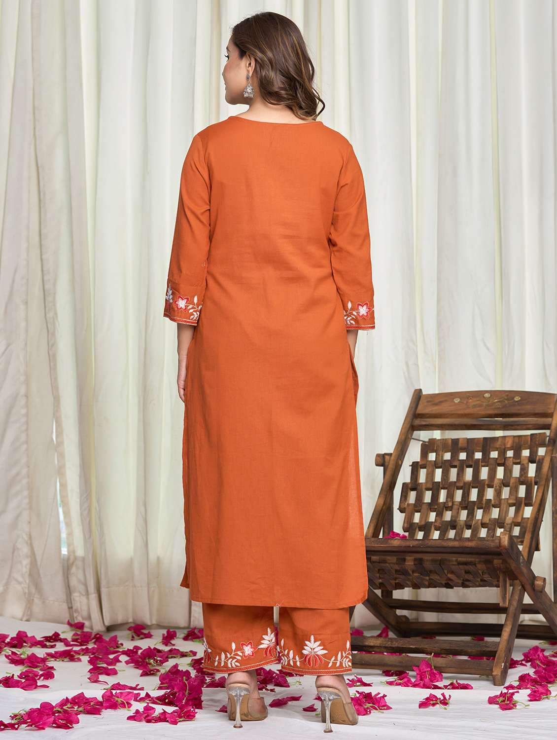 women solid with work three quarter sleeve kurta palazzo set - 21998122 - Standard Image - 3