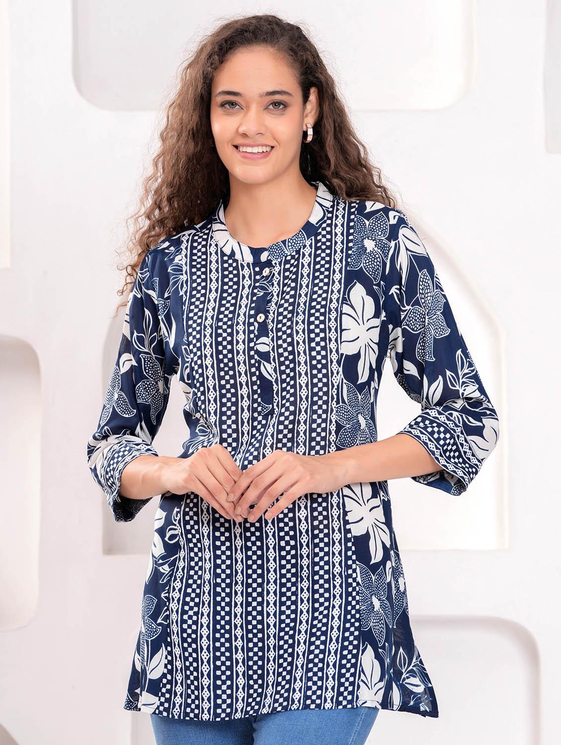 women printed three quarter sleeve a-line kurti