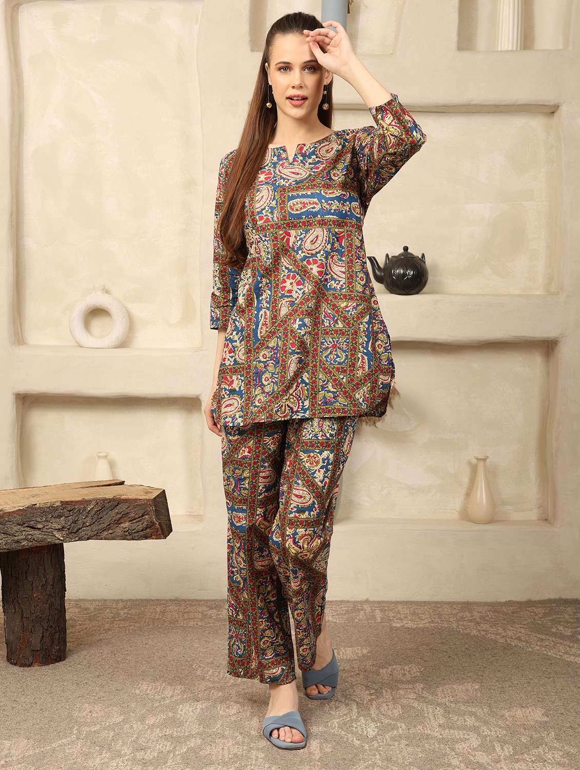women paisley printed three quarter sleeve ethnic co-ord set