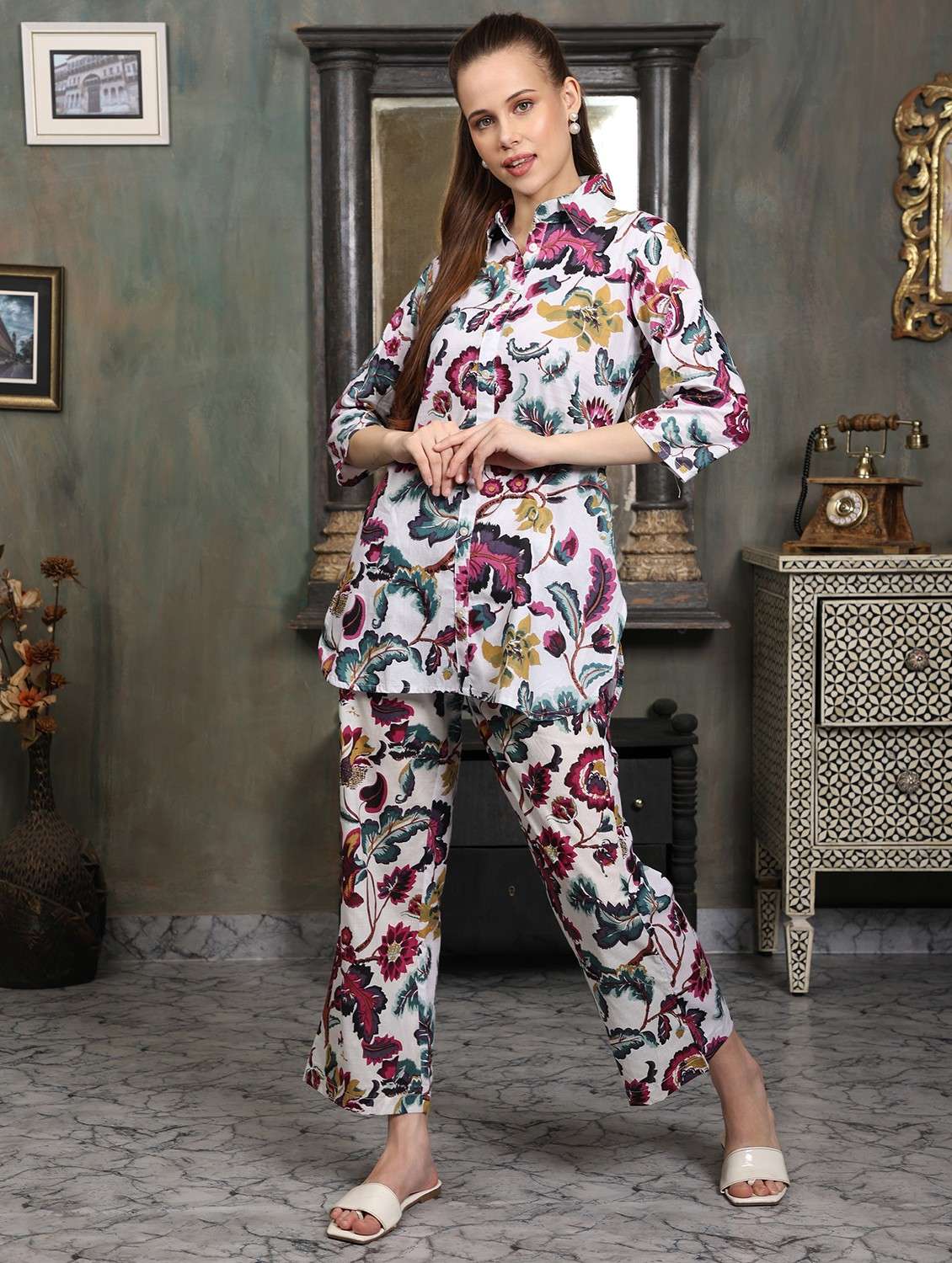 women floral printed three quarter sleeve ethnic co-ord set - 21998207 - Standard Image - 3