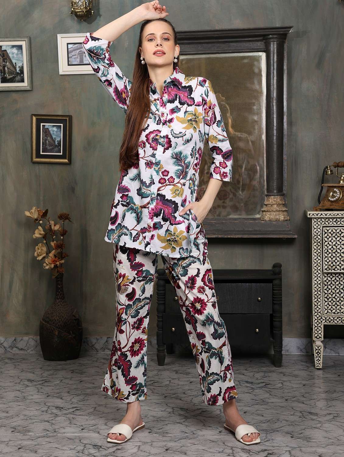 women floral printed three quarter sleeve ethnic co-ord set - 21998228 - Zoom Image - 0