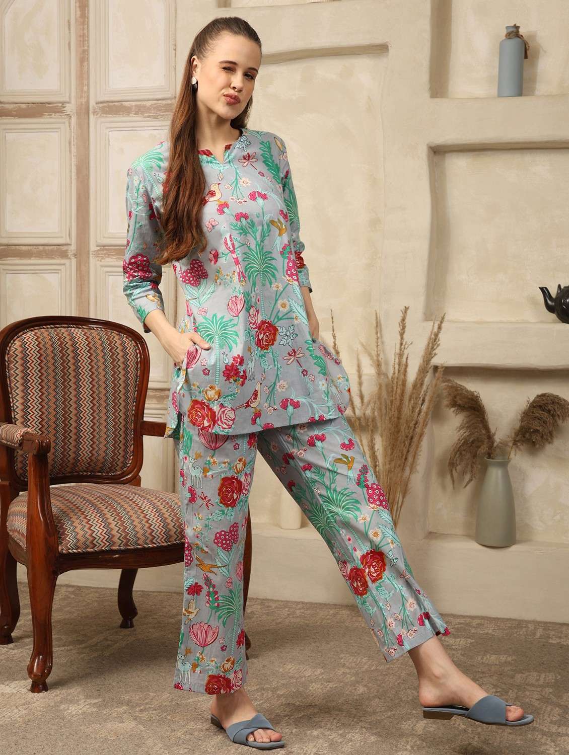 women floral printed three quarter sleeve ethnic co-ord set - 21998235 -  Standard Image - 3