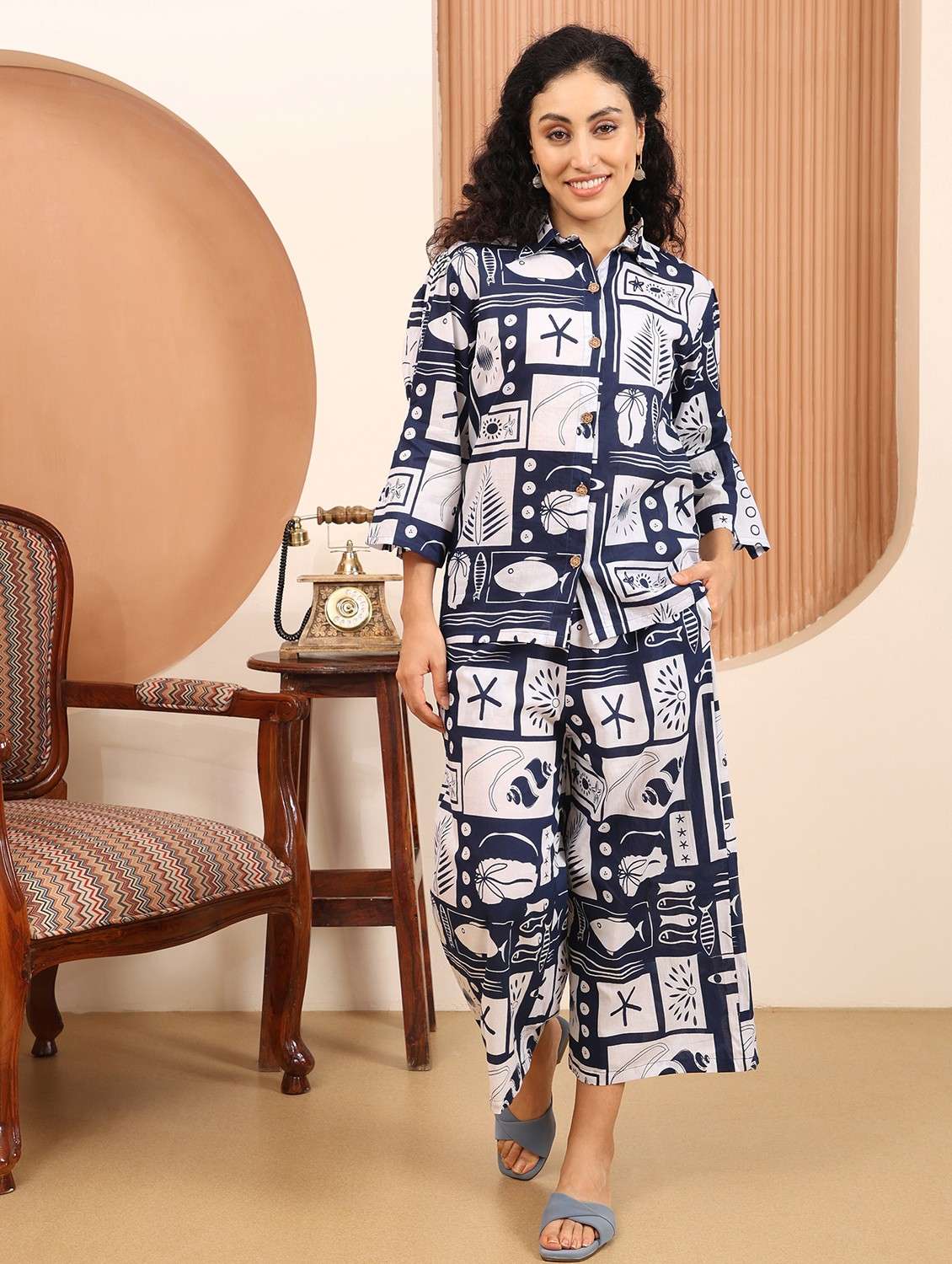 women printed three quarter sleeve ethnic co-ord set