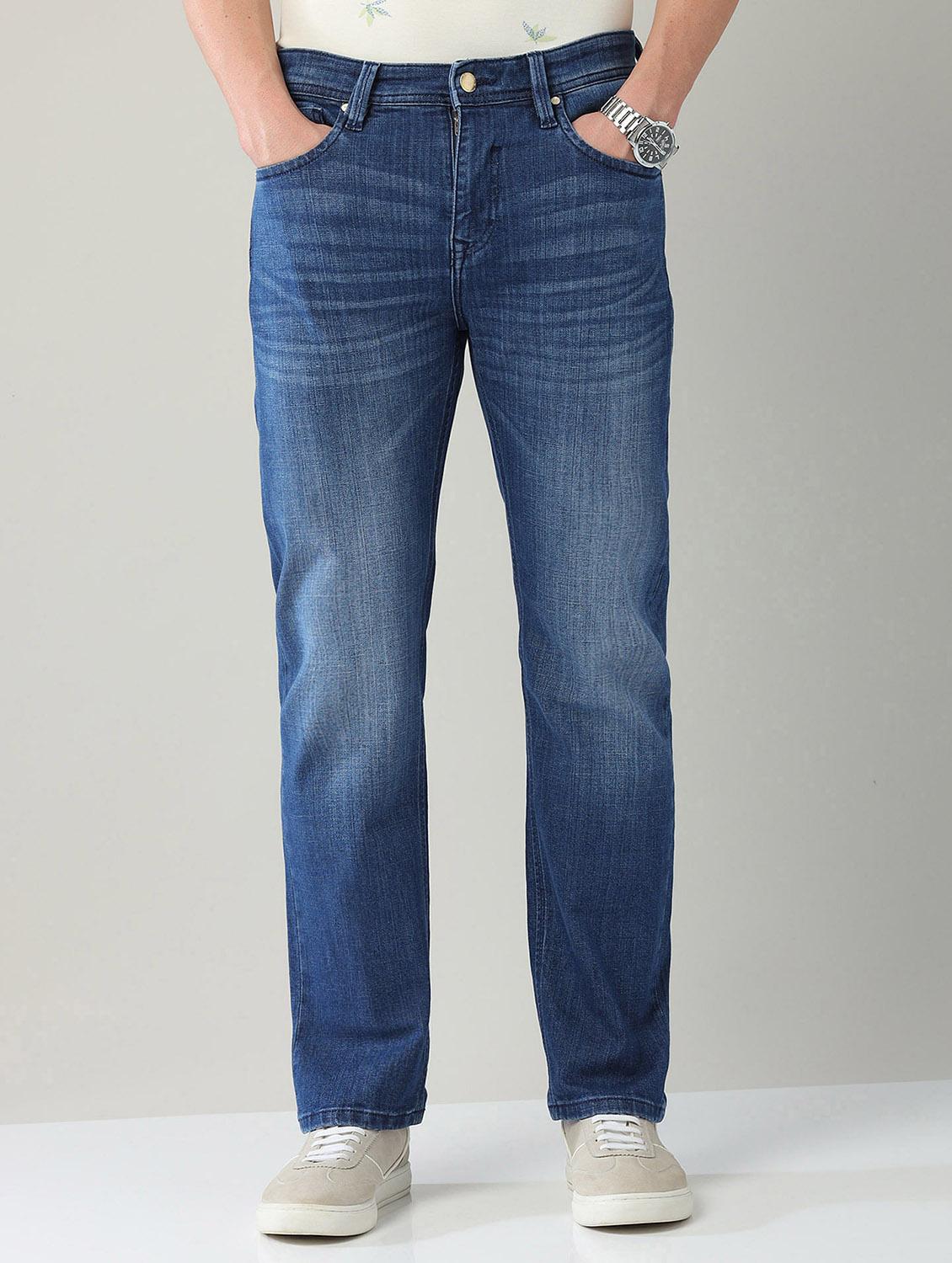 men washed mid rise straight fit jeans