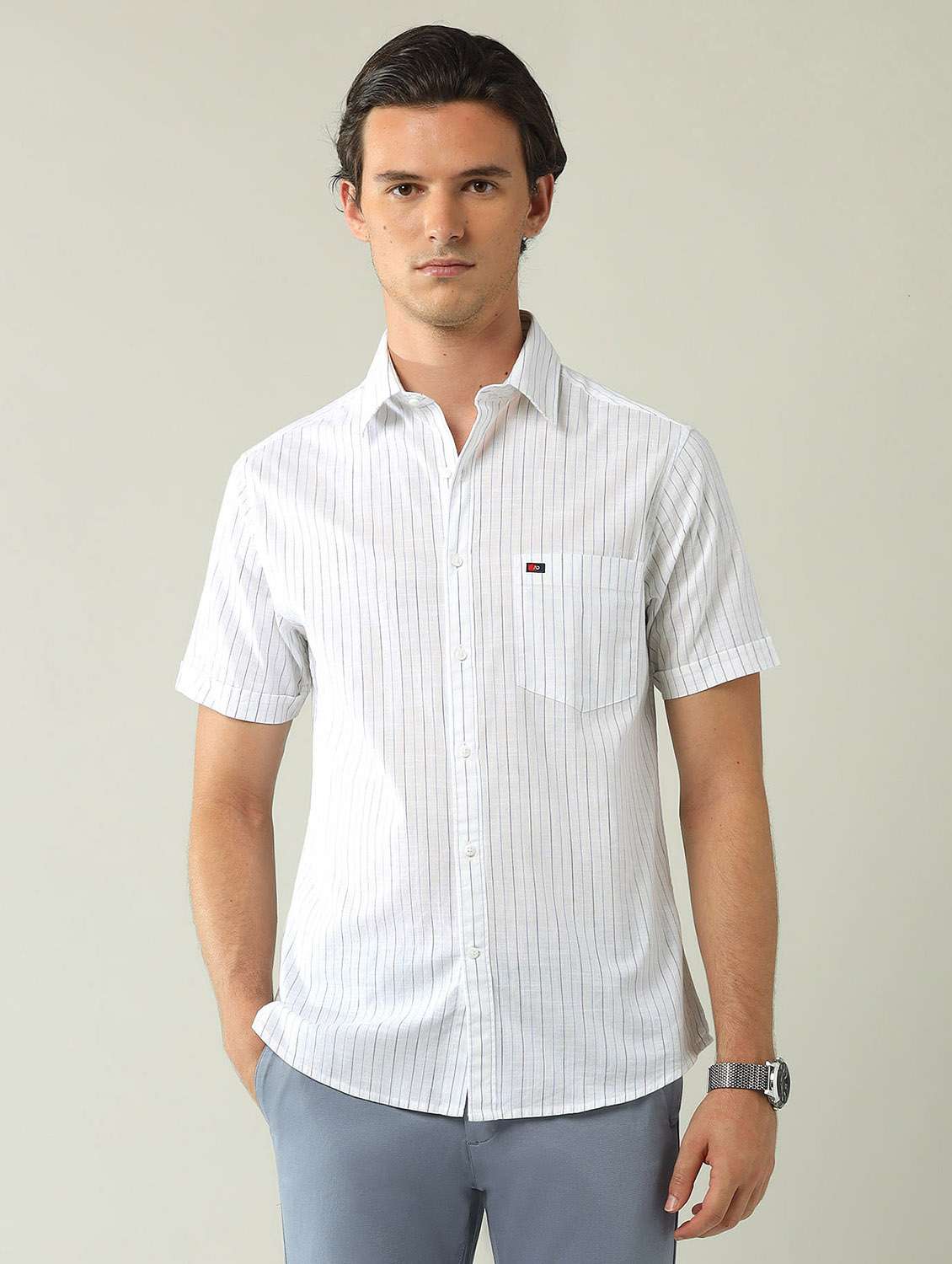 men striped short sleeve regular fit casual shirt