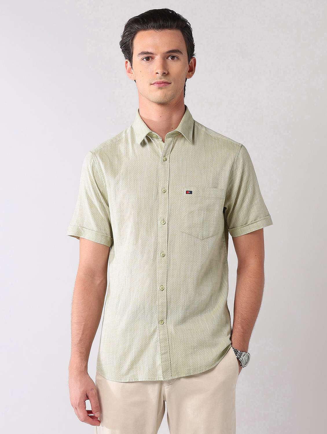 men self design short sleeve regular fit casual shirt
