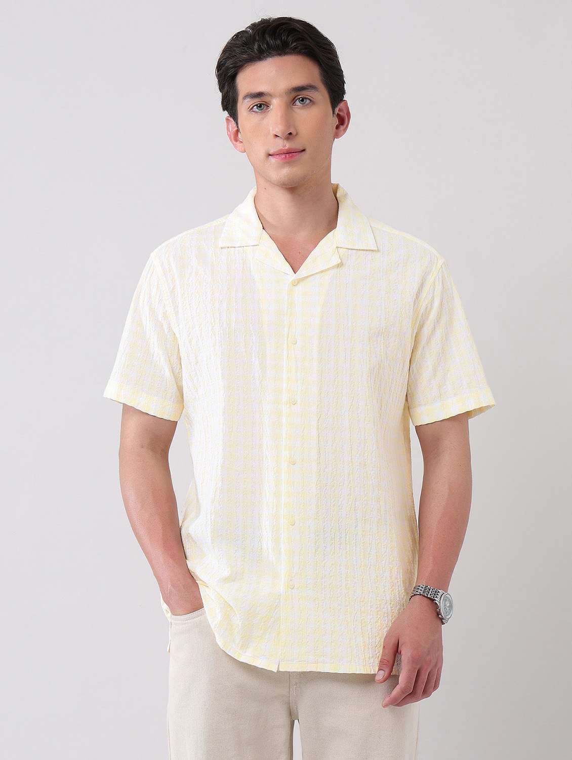 men self design short sleeve regular fit casual shirt