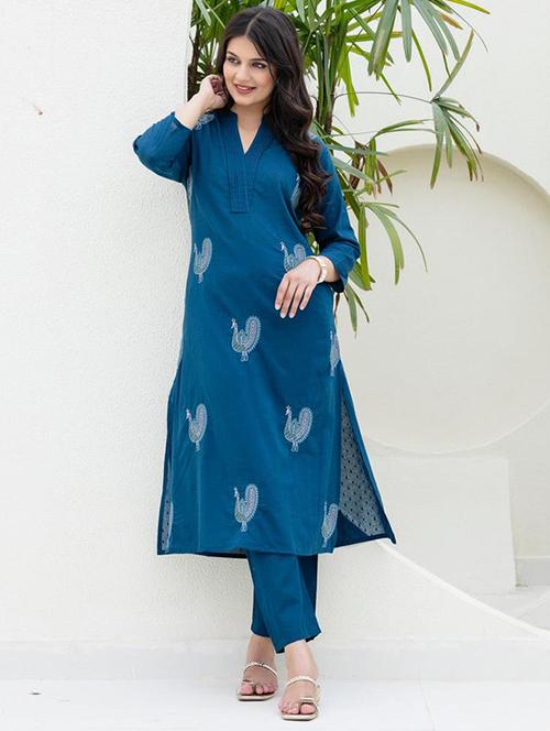 women solid with work three quarter sleeve kurta pant set - 21998513 -  Standard Image - 0