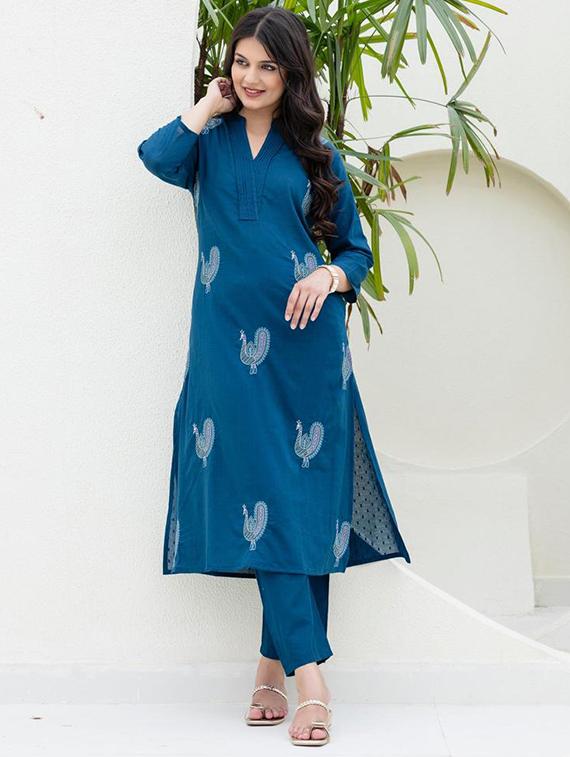 women solid with work three quarter sleeve kurta pant set - 21998513 -  Zoom Image - 0