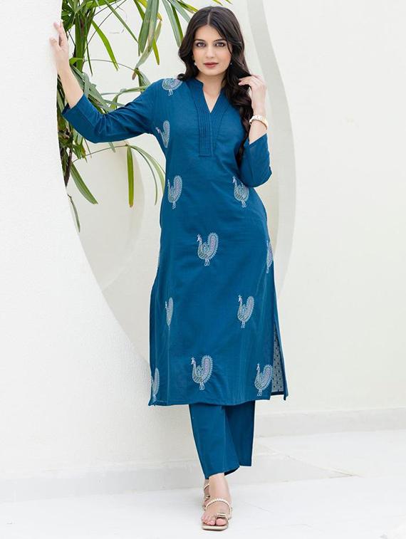 women solid with work three quarter sleeve kurta pant set - 21998513 - Standard Image - 3