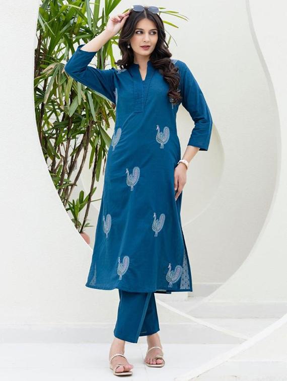 women solid with work three quarter sleeve kurta pant set - 21998513 - Standard Image - 5