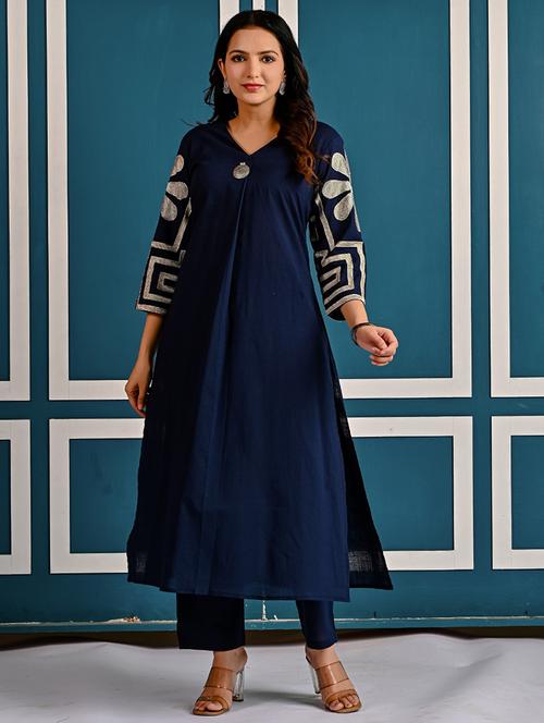 women solid with work three quarter sleeve kurta pant set - 21998516 - Standard Image - 0