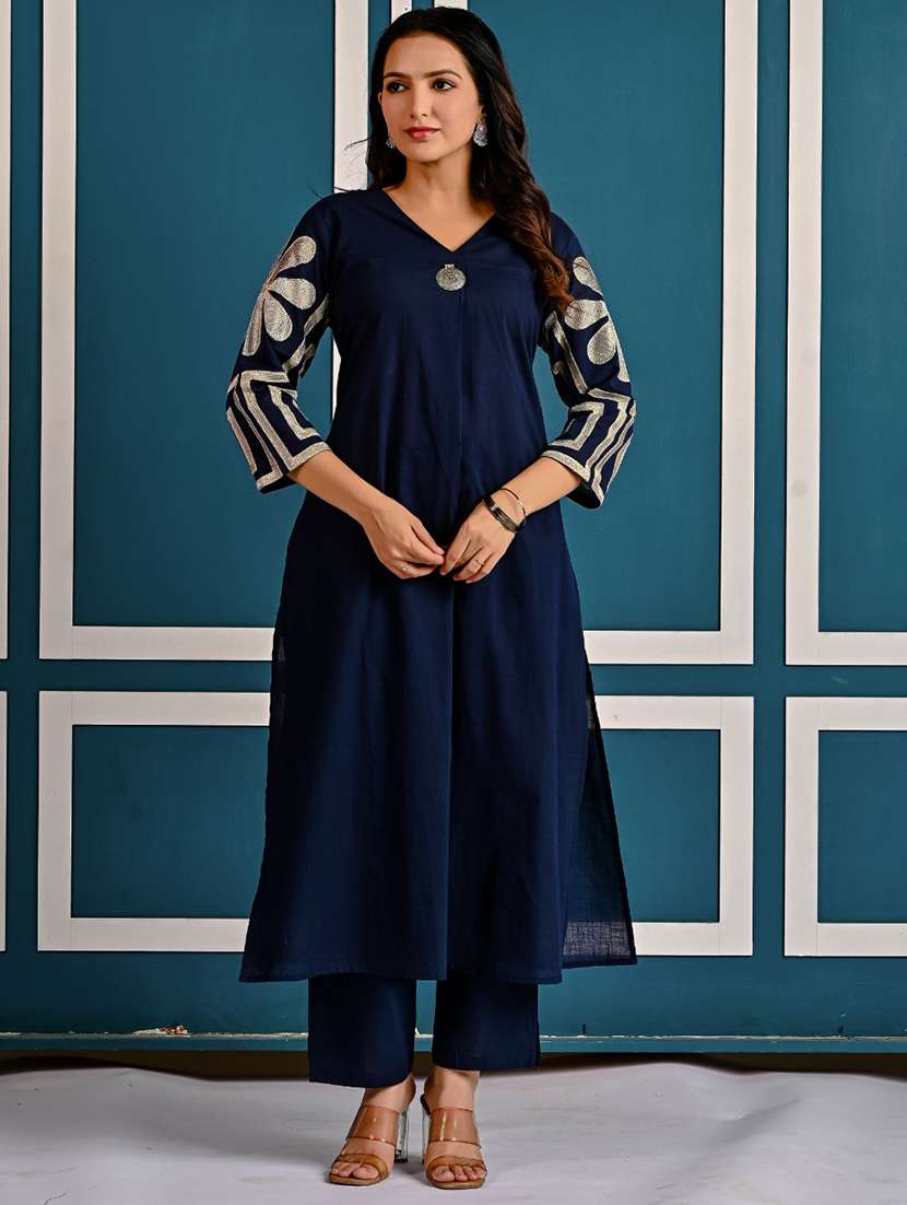 women solid with work three quarter sleeve kurta pant set - 21998516 - Standard Image - 3