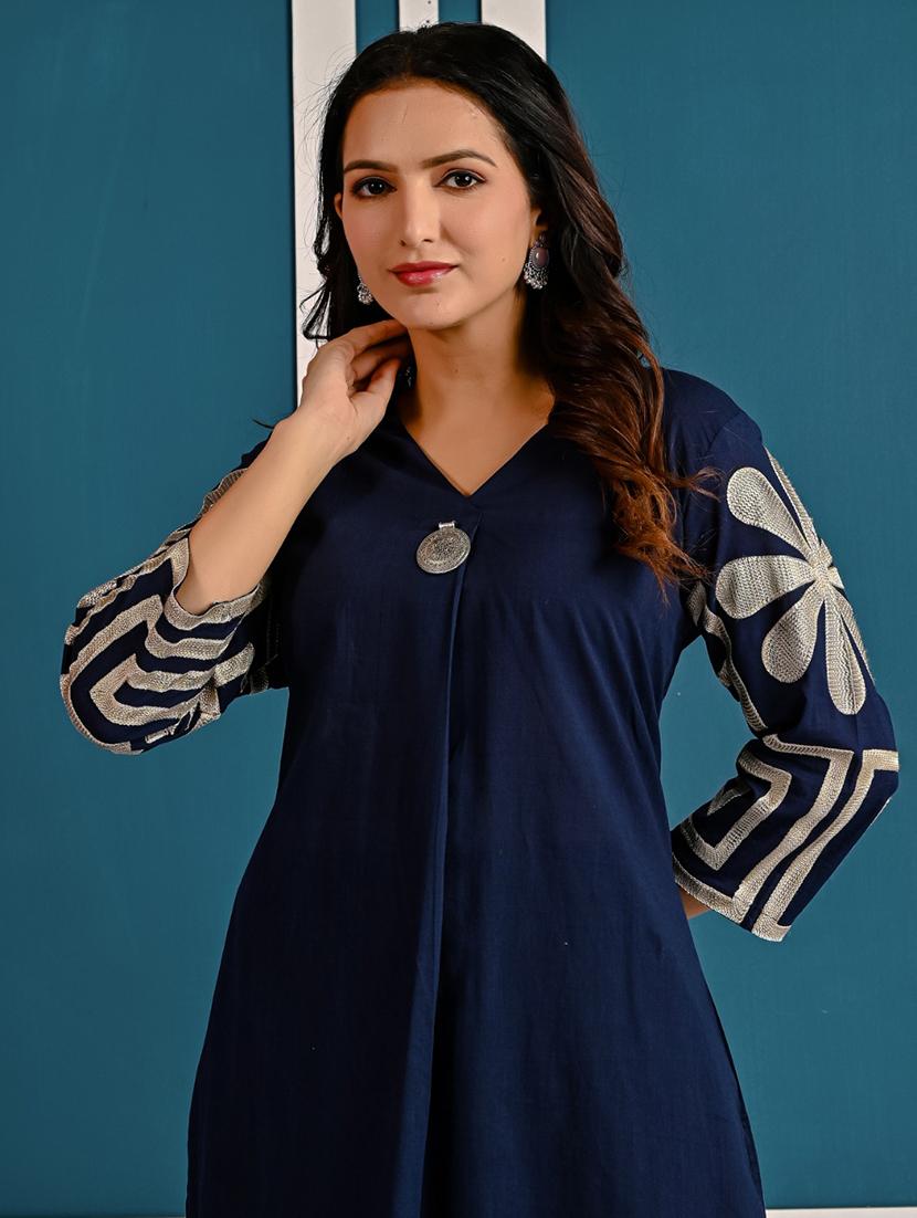 women solid with work three quarter sleeve kurta pant set - 21998516 - Standard Image - 5
