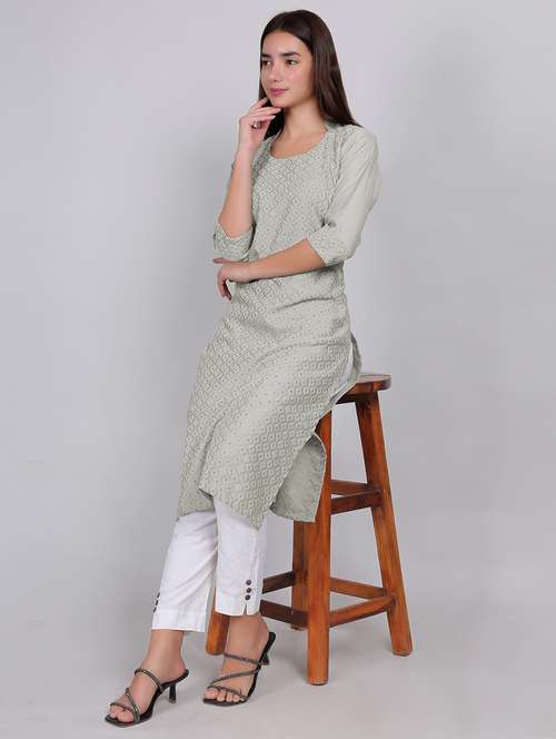 women solid with work three quarter sleeve straight kurta - 21998537 -  Standard Image - 0