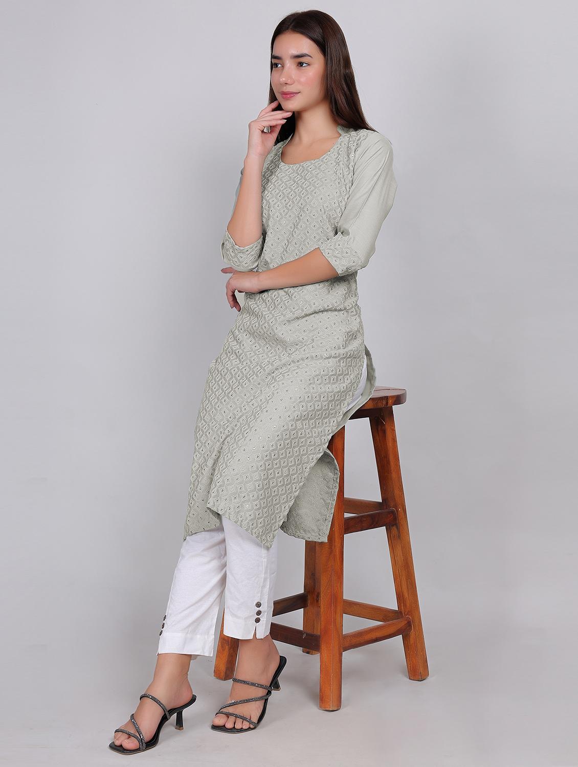 women solid with work three quarter sleeve straight kurta