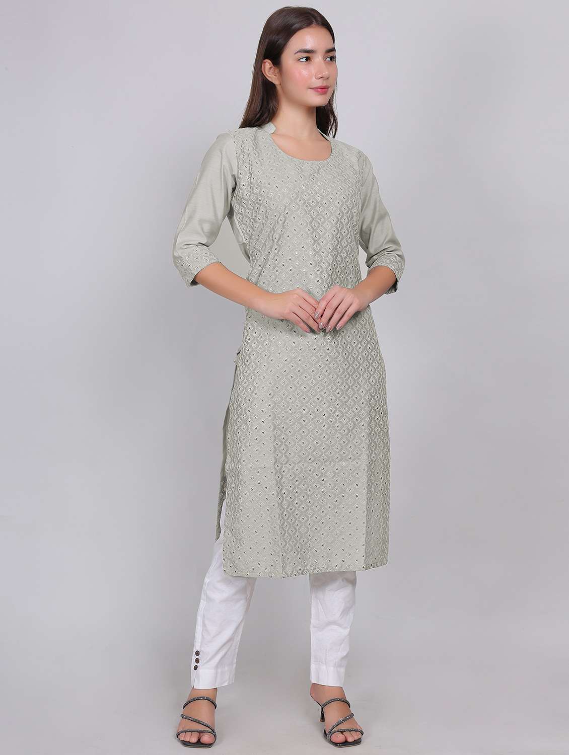women solid with work three quarter sleeve straight kurta - 21998537 - Standard Image - 5