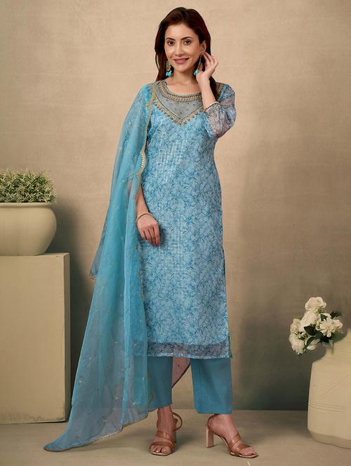 women printed three quarter sleeve kurta pant with dupatta set - 21998551 -  Standard Image - 0