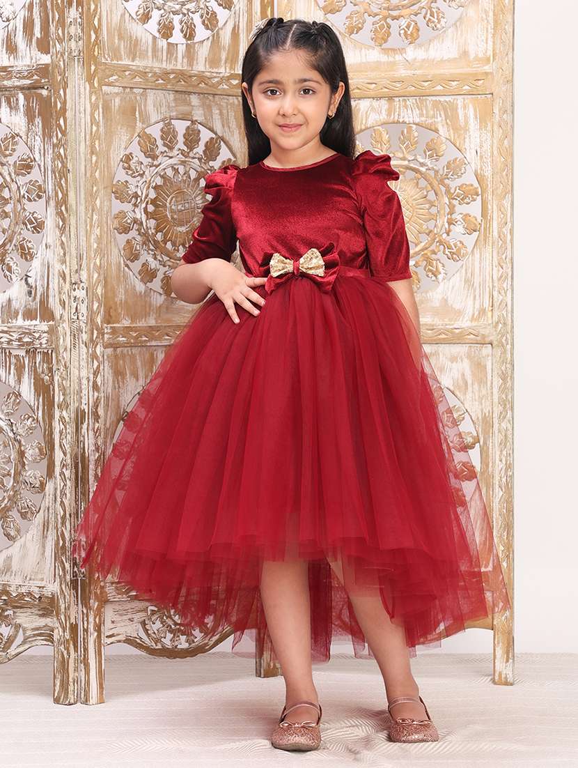 girls solid puff sleeve high low dress