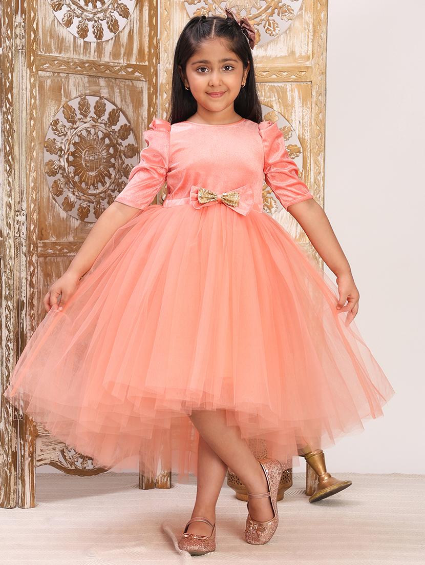 girls solid puff sleeve high low dress