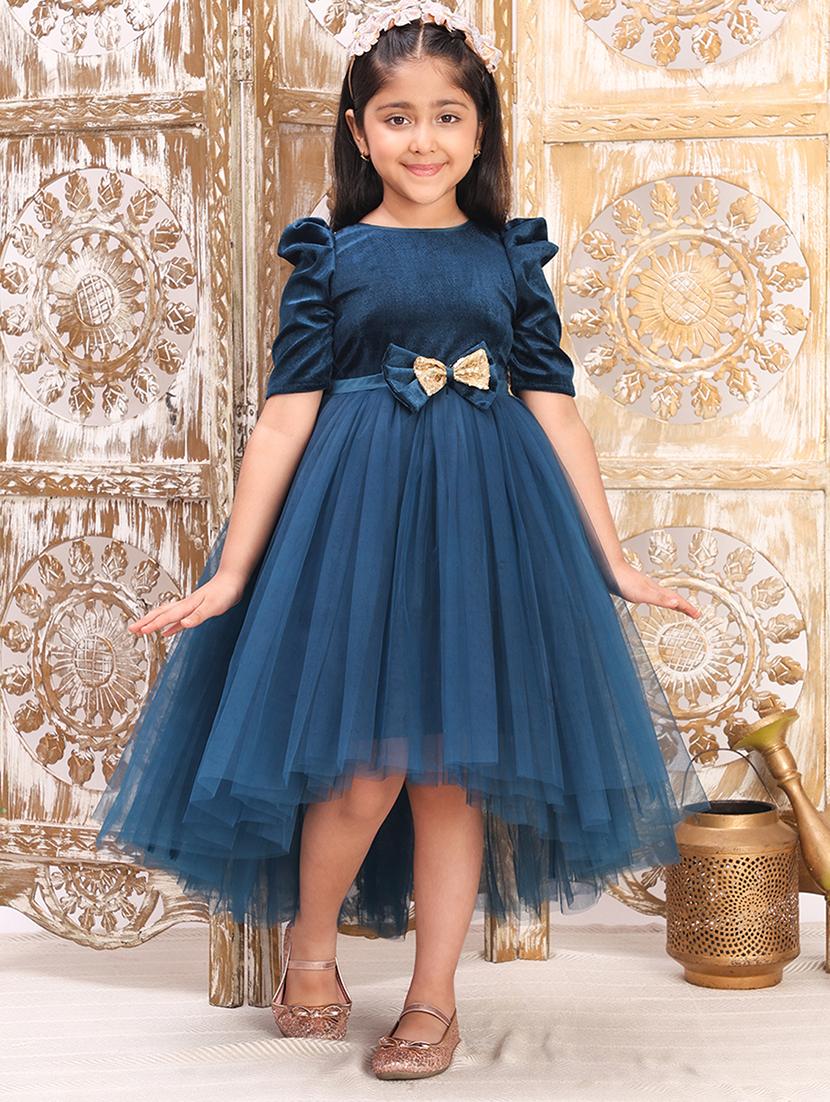 girls solid puff sleeve high low dress