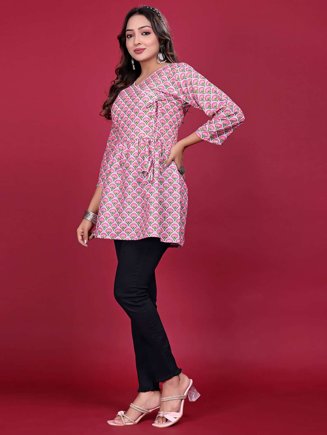 women printed three quarter sleeve flared kurti - 21998631 - Standard Image - 3
