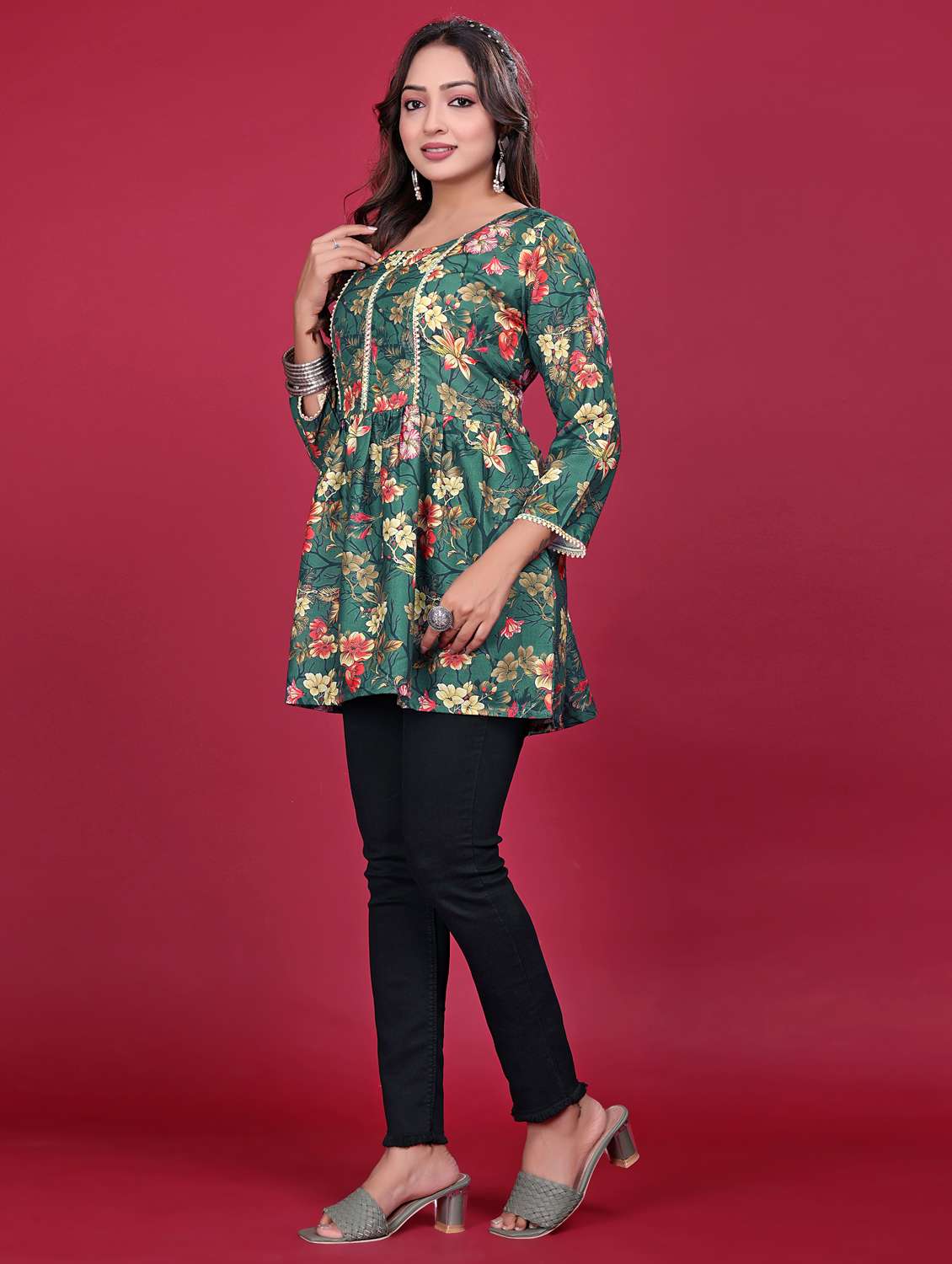 women printed three quarter sleeve flared kurti - 21998632 - Standard Image - 3