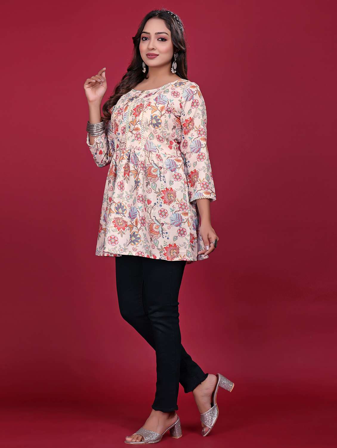 women printed three quarter sleeve flared kurti - 21998633 -  Standard Image - 3