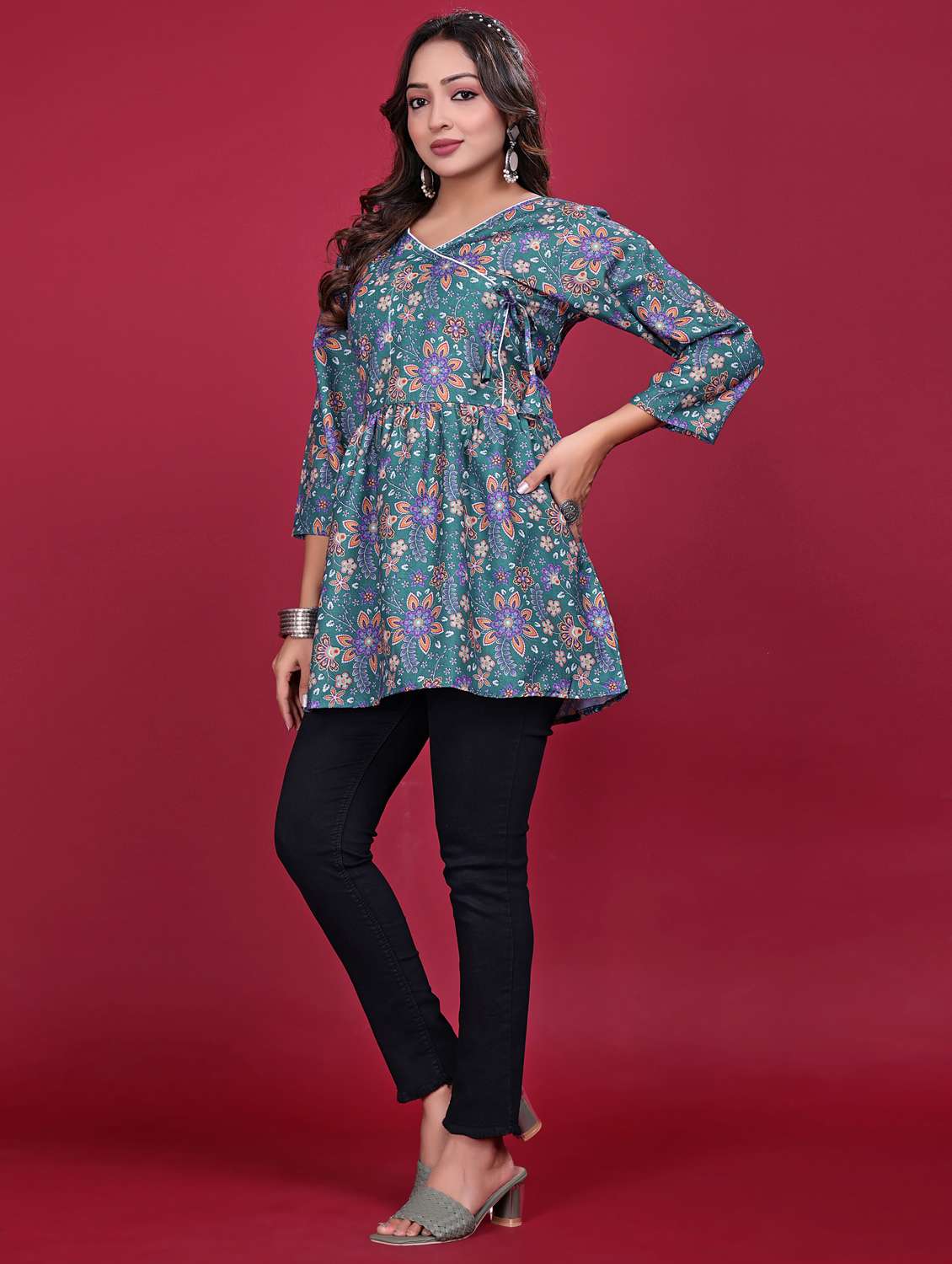 women printed three quarter sleeve flared kurti - 21998635 - Standard Image - 3