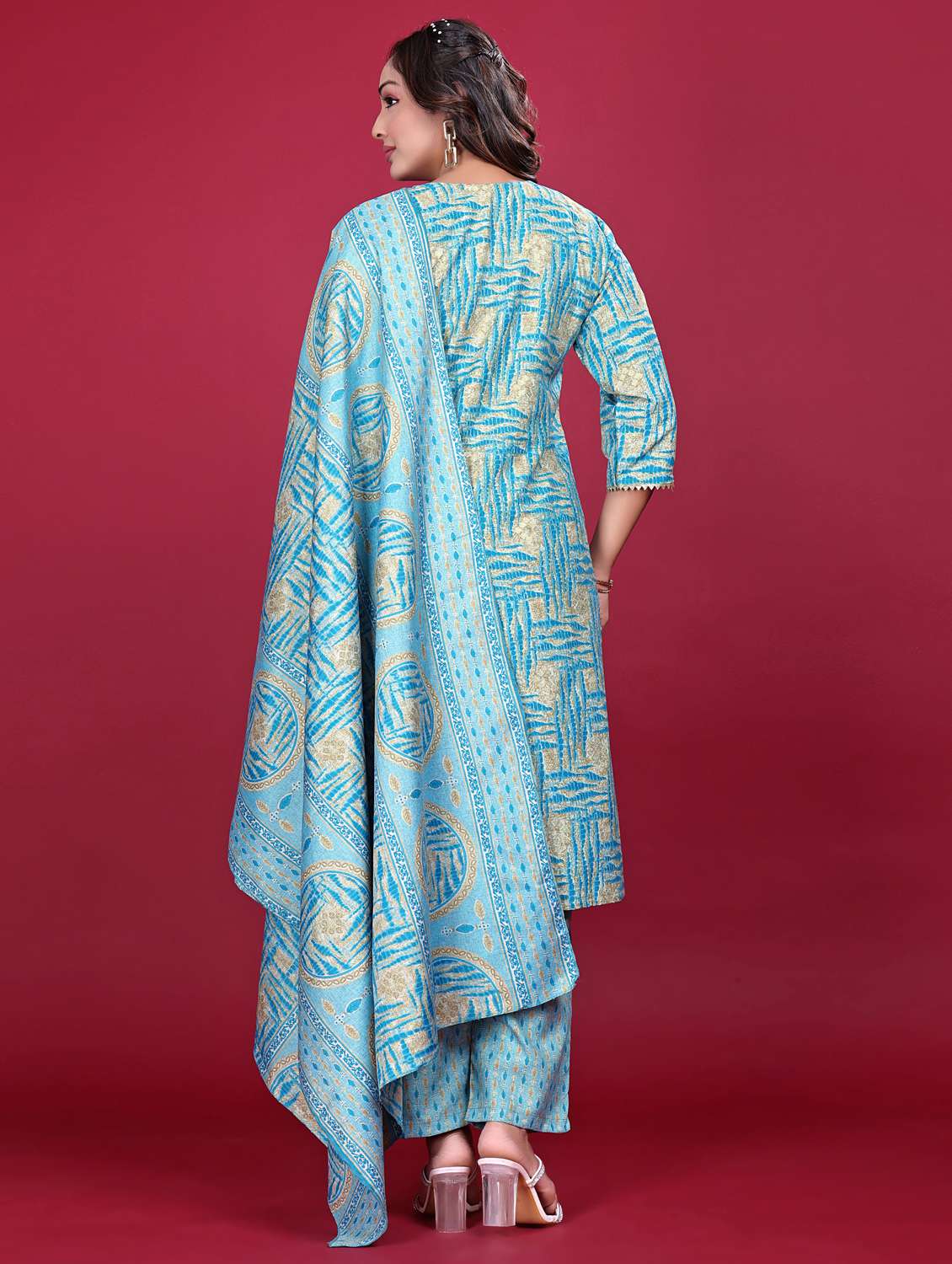 women printed three quarter sleeve kurta pant with dupatta set - 21998639 -  Standard Image - 3