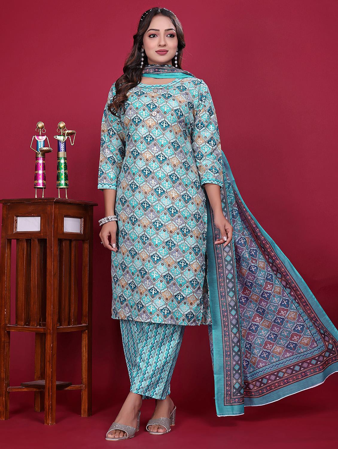 women printed three quarter sleeve kurta pant with dupatta set