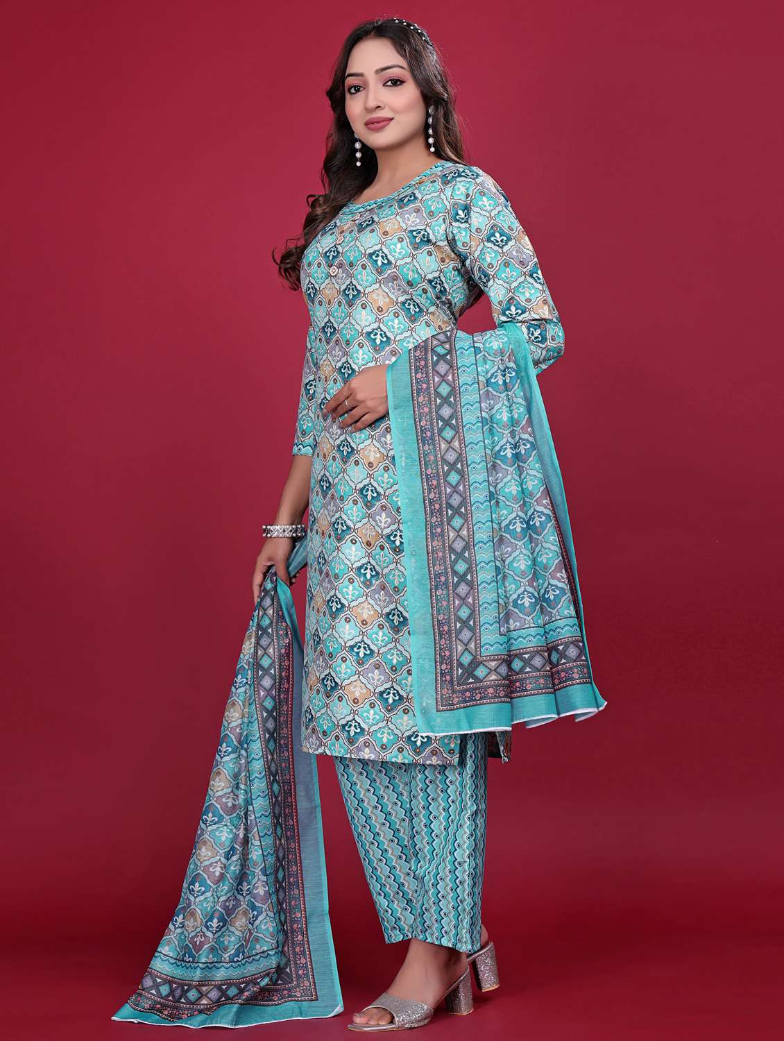 women printed three quarter sleeve kurta pant with dupatta set - 21998641 -  Standard Image - 3