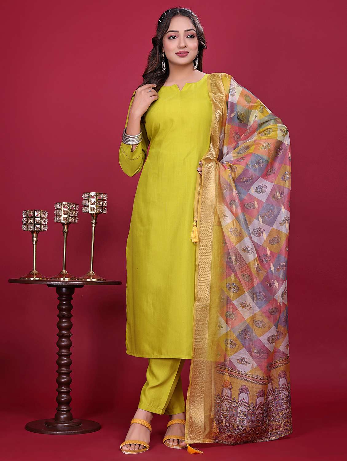 women solid three quarter sleeve kurta pant with dupatta set