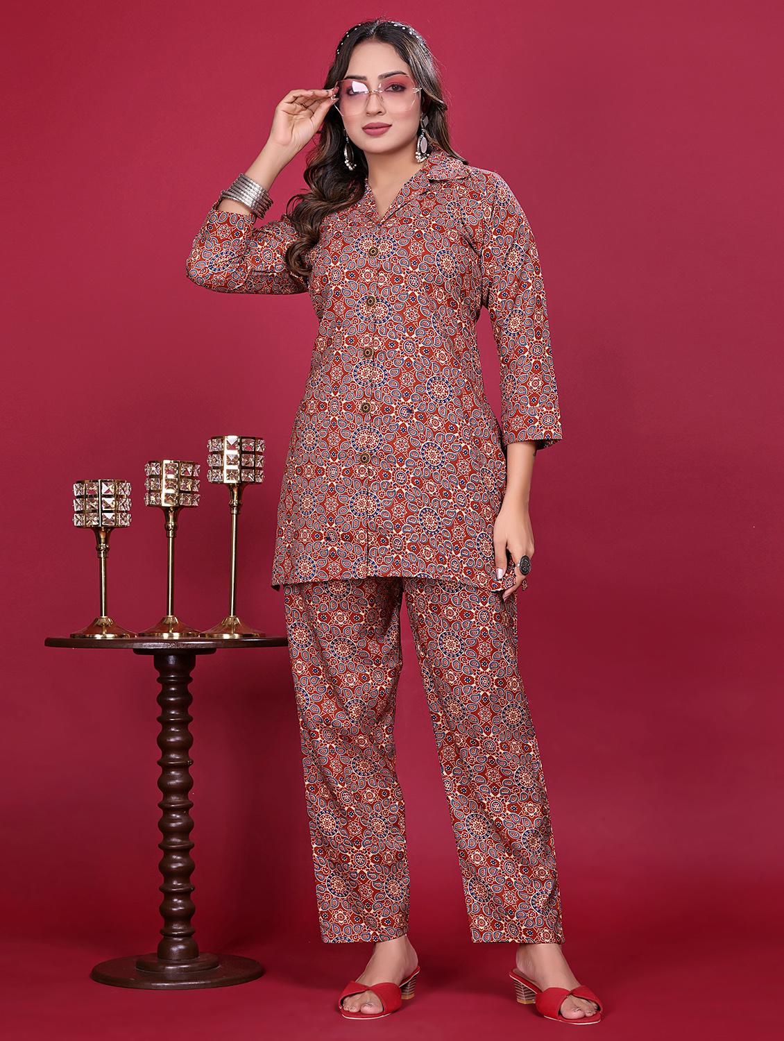 women printed three quarter sleeve ethnic co-ord set