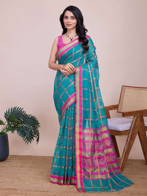 women checkered bordered saree with blouse - 21998781 - Standard Image - 0
