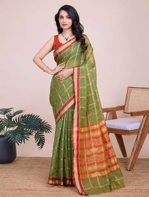 women checkered bordered saree with blouse - 21998782 -  Standard Image - 0