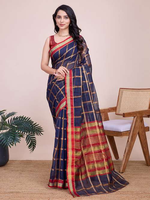 women checkered bordered saree with blouse - 21998784 - Standard Image - 0