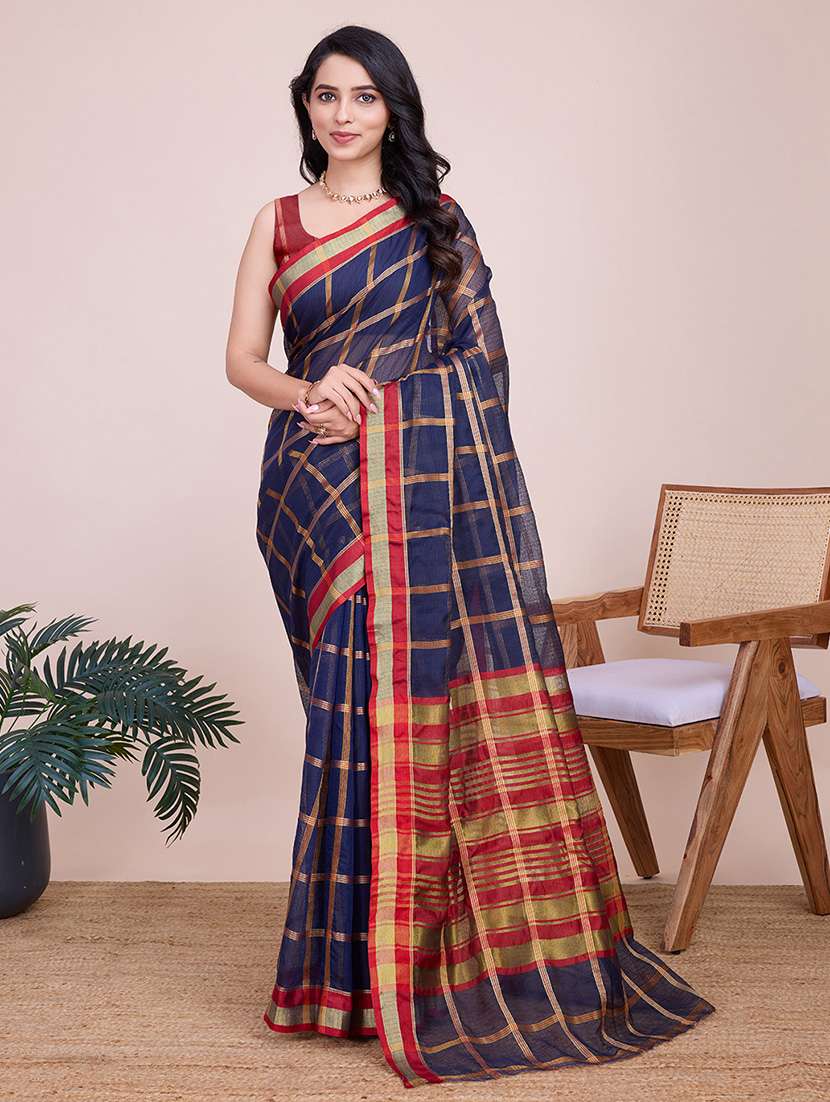 women checkered bordered saree with blouse - 21998784 - Zoom Image - 0