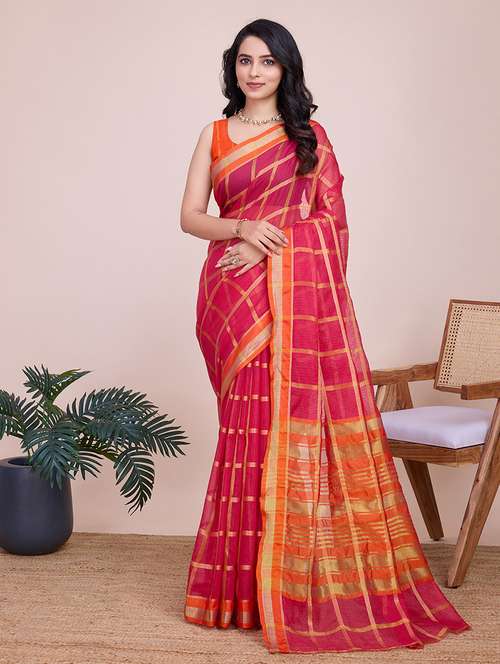 women checkered bordered saree with blouse - 21998786 - Standard Image - 0