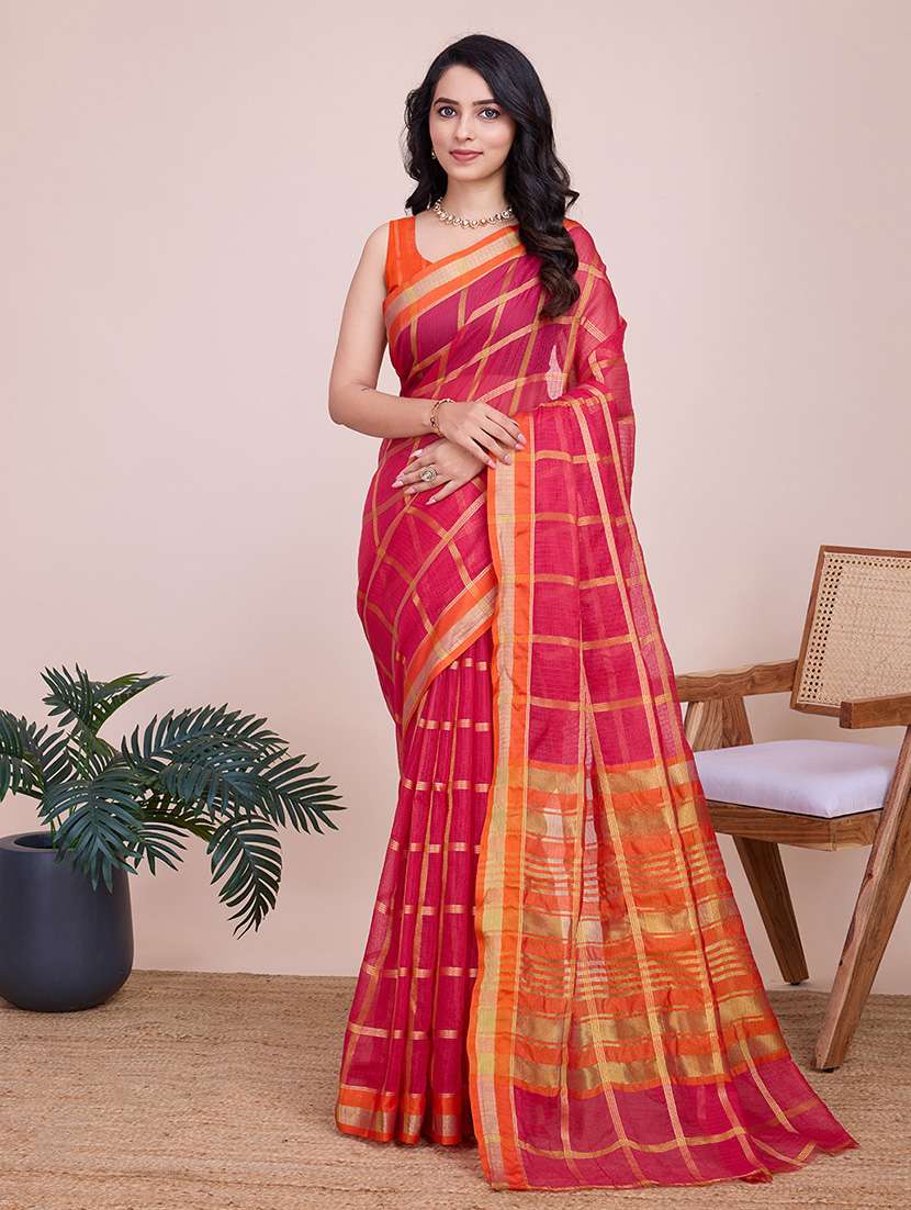 women checkered bordered saree with blouse - 21998786 - Zoom Image - 0
