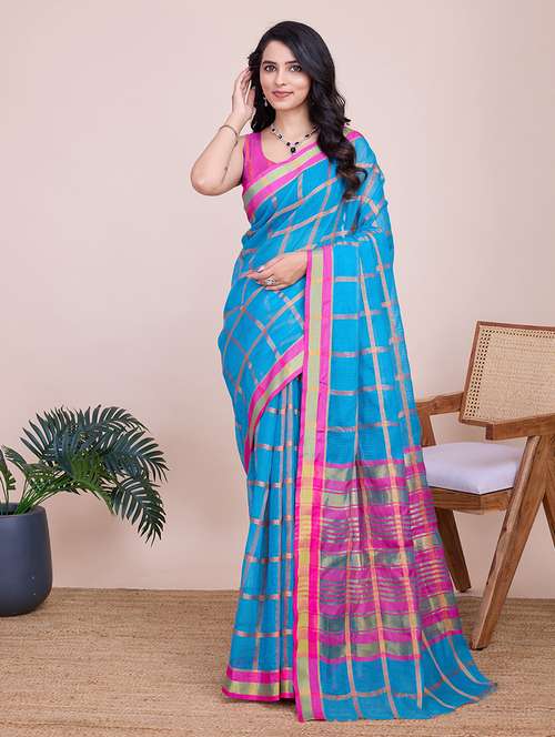 women checkered bordered saree with blouse - 21998787 -  Standard Image - 0