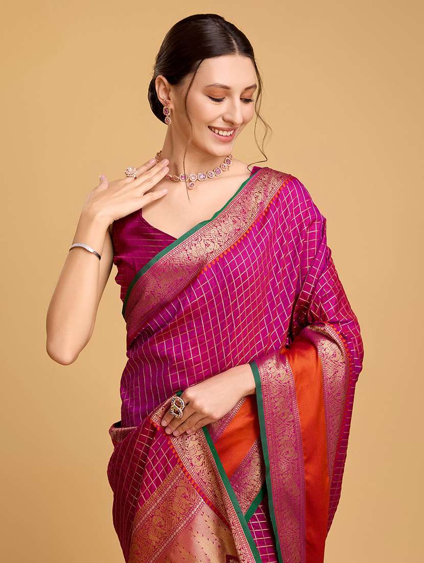 women checkered bordered saree with blouse - 21998800 -  Standard Image - 3