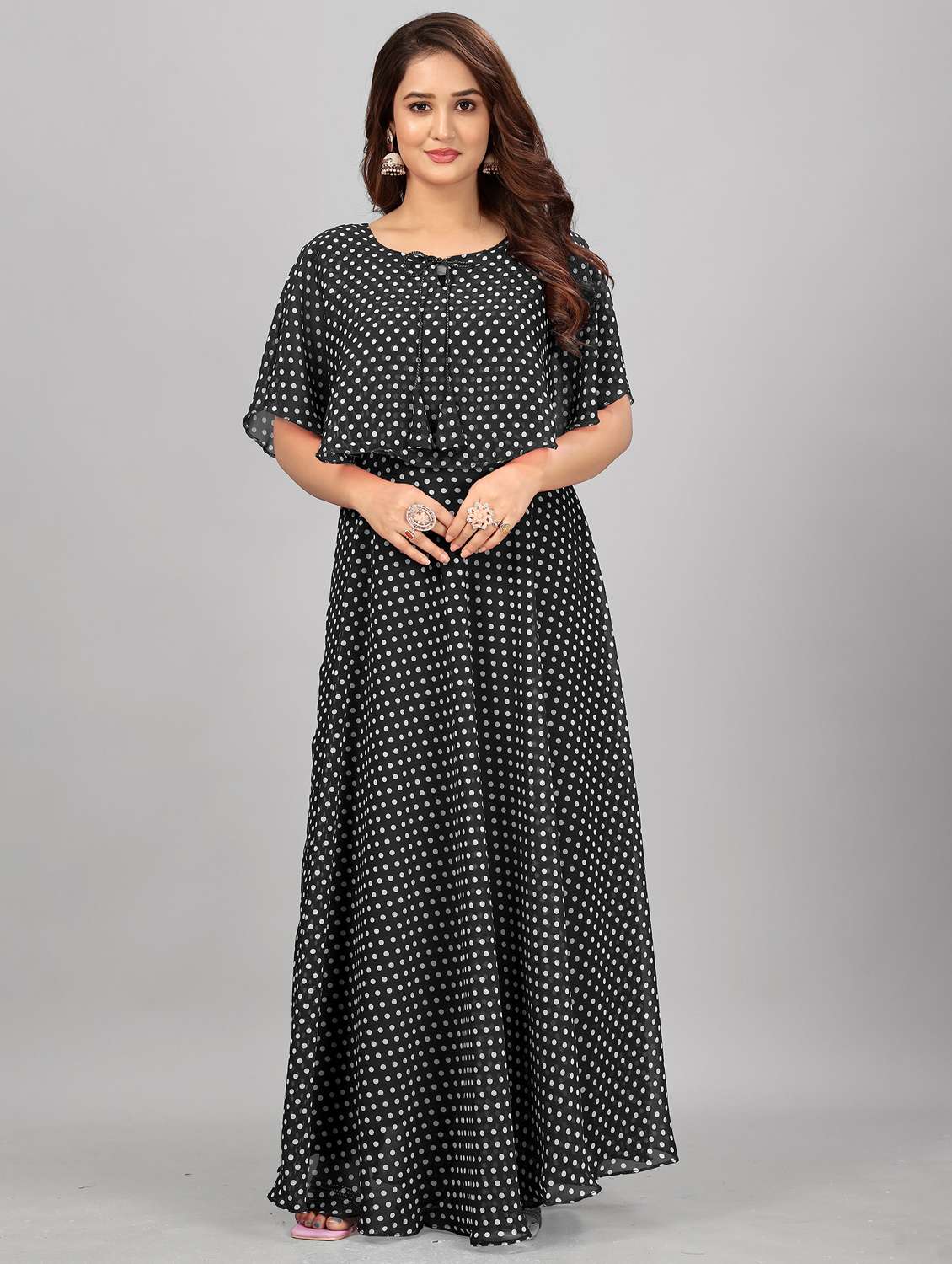 women polka dot tie up neck semi-stitched gown